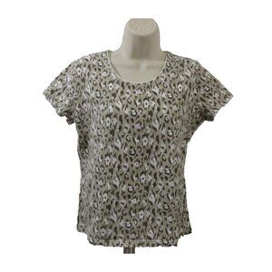Kim Rogers T-Shirt Size Medium Brown Animal Print Scoop Neck Short Sleeve Cotton